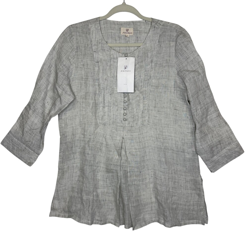 Anokhi Blouse Womens Large Gray Linen Pleated Tunic 3/4 Sleeve Button Front